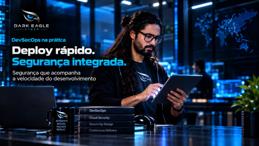 Banner sobre DevSecOps com segurança integrada ao pipeline de desenvolvimento para acelerar deploys sem criar gargalos.